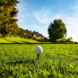 Golf ball on the starting tee in a golf course